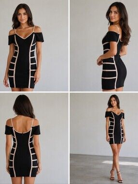 Entry Amazing Black Cold-Shoulder Bodycon Dress with Nude Trim